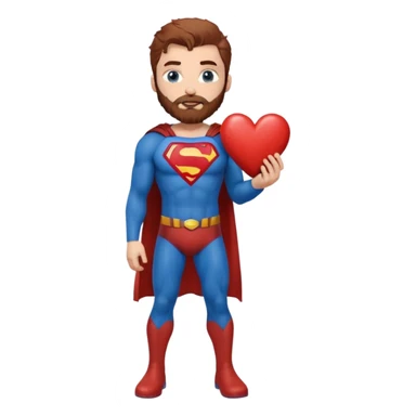 Adult-tall-full body- Superman-with redish brownish messy hair-full neatly trimmed beard-blue eyes-holding a heart  sticker