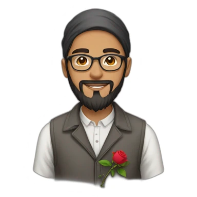 A Muslim bearded teenager wearing glasses with a rose and a letter sticker