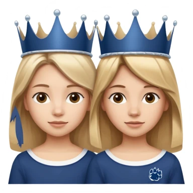 Two girls. One with shoulder length blond hair and one with long brown hair. They have princess crowns on their heads. They have Penn state shirts sticker