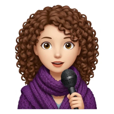curly haired woman with winter clothes holding microphone sticker