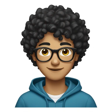 Cheerful Pakistani teenage boy with black curly hair and black glasses. He's wearing a blue hoodie. sticker