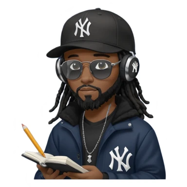African American man with shoulder length black dreadlocks with black beard wearing black sunglasses wearing a black New York Yankees logo baseball cap wearing a black bubble winter coat wearing headphones writing a rap song in notebook sticker