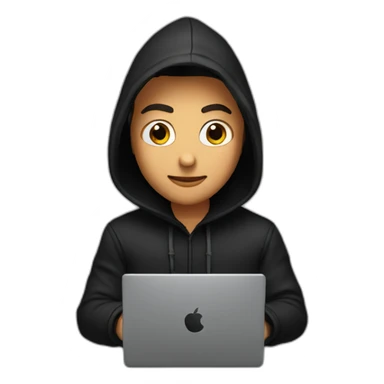 Young man with a black hood behind his laptop sticker