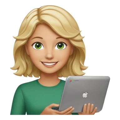 short wavy blonde hair tan skin teacher green eyes woman happy holding chromebook sticker