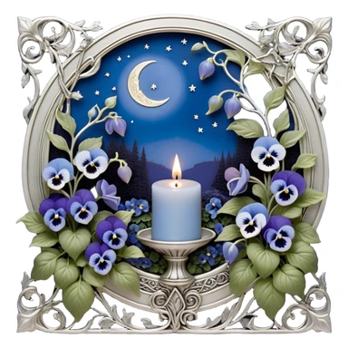 A peaceful sanctuary under the glow of a silver crescent moon, where lush blue pansies bloom in a secluded garden. The pearl-colored candle, adorned with delicate engravings, flickers with a soft luminescence, its wax melting into artistic patterns. Silver ivy vines weave through the flowers, catching the moon’s glow. A gentle breeze lifts tiny petals into the air, creating a serene and poetic atmosphere, while subtle celestial runes appear faintly in the candle’s light. sticker