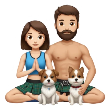 emoji of brunette man with beard wearing kilt, brunette woman in yoga outfit and one white fluffy dog sticker