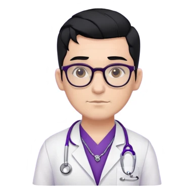 Male doctor glasses black hair, piercings and tatoos, violet uniform and white bata sticker