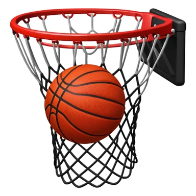 Red and black basketball halfway through net, freeze frame moment, iOS emoji style sticker