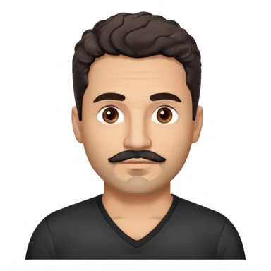 Hispanic man in his 40s with light cinnamon skin. Structured face with defined jawline. Calm brown eyes. Natural thick eyebrows. Connected mustache and chin beard (goatee) in black with a few gray hairs. Short curly dark hair. Wearing a black V-neck t-shirt. sticker