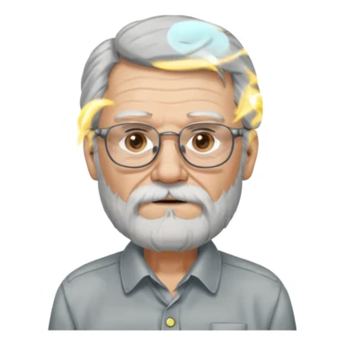 old man with long hair and beard wearing glasses with shirt sticker