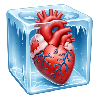 Ultra-realistic photo of a human heart frozen inside a clear ice cube, sharp details, icy texture, frost on the surface, studio lighting, 8k resolution sticker