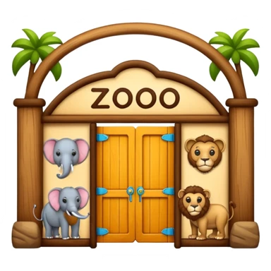 classic emoji-style wooden zoo entrance with the word 'zoo' and four animals: elephant, lion, kangaroo, and monkey, genuine emoji look, not AI-generated sticker