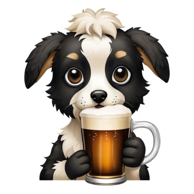 Black Puppy. Jackapoo. White and black face. Black pointy floppy ears. Black circles around eyes. Holding a Guinness beer. The dog does not have brown hair sticker