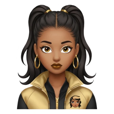 “black Emoji girl, fierce confident expression, sharp black winged eyeliner, bold brows, matte nude lips, long curled lashes, sleek high ponytail, gold hoop earrings, sporty streetwear jacket.” sticker