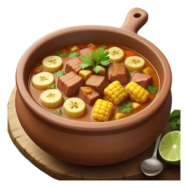 Cinematic Realistic Sancocho Antioqueño Emoji, depicting a hearty Colombian stew brimming with tender cuts of meat, yuca, plantains, corn on the cob, and potatoes in a rich, flavorful broth. Served in a rustic clay bowl with fresh cilantro and lime on the side, rendered with warm, inviting textures and homely, comforting lighting. sticker