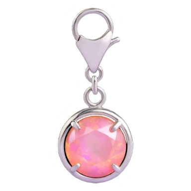 detailed close-up round cut pink fire opal charm with silver setting, silver jump ring, glossy and iridescent finish sticker
