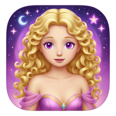 Cinematic Stunning Aurora Portrait Emoji, Ethereal in her flowing pink gown, golden curls shimmering, soft violet eyes filled with serenity, an enchanting glow surrounding her, capturing the beauty of a princess lost in a dream! sticker