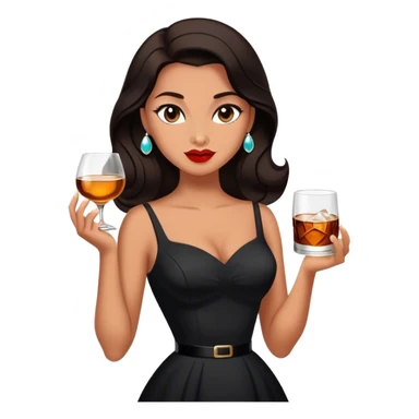 Beautiful woman in 1950’s woman fashion look, black dress, long dark brown hair, whisky with ice sticker