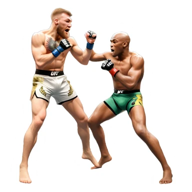 An MMA showdown between Conor McGregor and Anderson Silva in the octagon. McGregor is executing a jumping strike, while Silva skillfully deflects the attack. The background shows the UFC octagon with roaring fans and vibrant energy. Transparent background. sticker