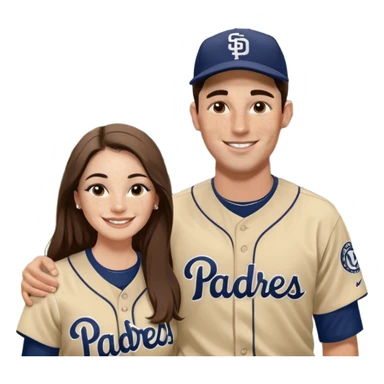 *White* Smiling couple. Woman has big cheeks and a lot of freckles on the nose. long brown hair. Man has black and very short hair and prominent eyebrows with egipcian nose. Both are wearing “Los Padres” baseball jerseys and with a sign that says “Go Padres!” sticker