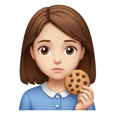Sad girl with brown hair holding a cookie sticker