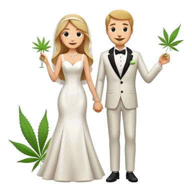 Full body view of bride in white dress and groom in tuxedo sharing a cannabis joint, cheerful cartoon wedding couple standing together sticker