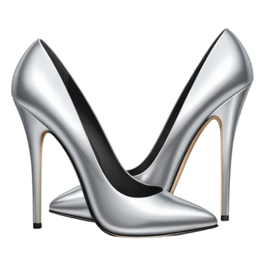 A pair of high heel shoes emoji made of polished silver chrome, elegant sharp silhouette, smooth metallic surface, glossy reflections, luxury sexy vibe, minimalistic iOS emoji style, centered, clean white background sticker