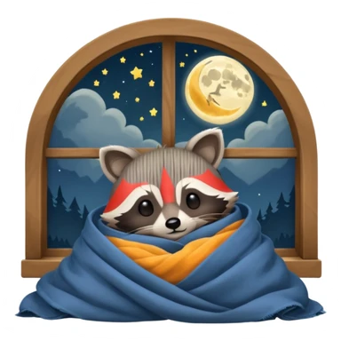 A raccoon sleeps under a blanket against the backdrop of an open window with the moon sticker