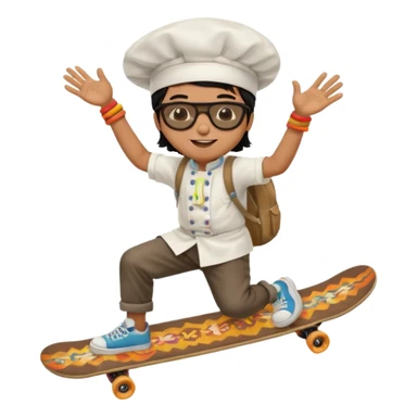 ["A happy boy with brown skin, straight hair, wearing a chef hat and sunglasses, dressed in hippie fashion, is skateboarding while holding a backpack."] sticker