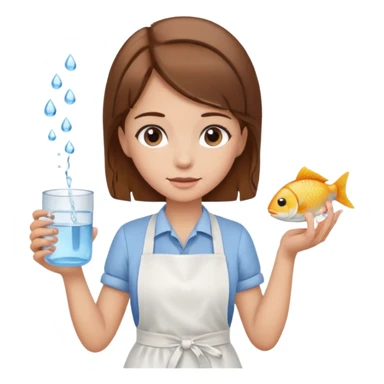 A girl with brown hair wearing an apron and holding a fish and a cup of water in another hand sticker