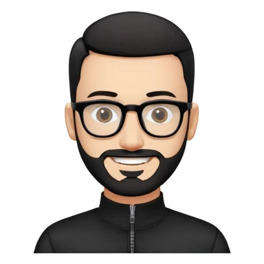 Fair-skinned man with almost buzz cut black hair (extremely short but not completely shaved), short salt and pepper beard, large black-framed glasses, smiling, wearing black long sleeve zip shirt at neck sticker