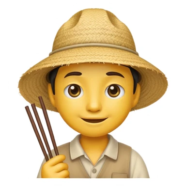 do a yellow basic emoji with lines as eyes and two buck teeth and give him a chinese farmer hat and chopsticks sticker