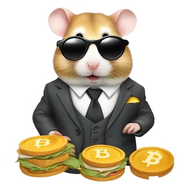 Hamster in three-piece suit wearing round shades and having a sandwich with bitcoins in sticker