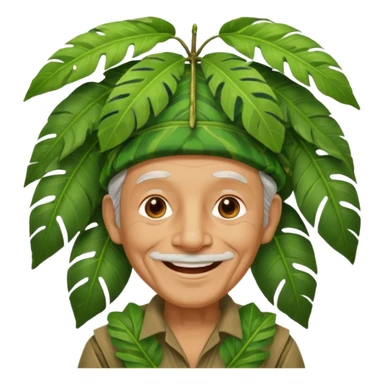 a old man with jungle wearing a large leaf headgear bye  sticker