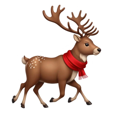 A majestic reindeer with large antlers, wearing a cozy scarf, happily trotting southwards with a determined look, snowflakes gently falling around, in a minimalist emoji style sticker