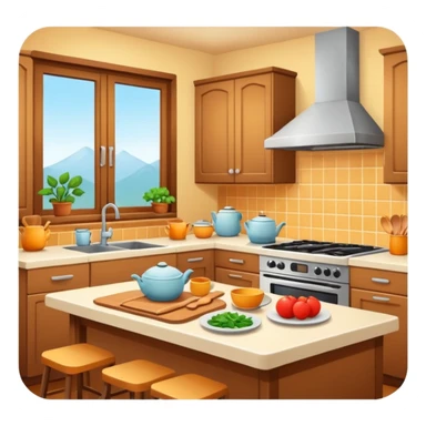 A cozy home kitchen in clean emoji-style illustration. Warm colors, simple shapes, homemade dishes on the counter, friendly atmosphere, flat design, high contrast, clear outlines. sticker