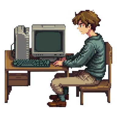 Young man sitting at an old school desktop computer with large monitor and keyboard sticker