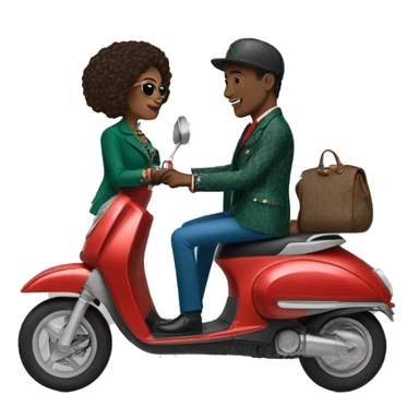 a woman and a man wearing gucci clothes on a e scooter sticker