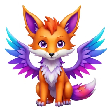 Cartoon Fox dragon hybrid purple eyes with wings face front full body rainbow colored sticker