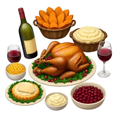 Thanksgiving Dinner with 6 friends of all different races around the table; have the food be a cooked turkey, mashed potatoes, corn, a basket of biscuits, a small bowl of cranberry sauce, baked yams, steamed vegetables, and a bottle of wine. sticker