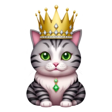 Gatito gris oscura con rayas negras ojos verdes vestida de reina con coronas y diamantes, más peluda y gordita  sticker