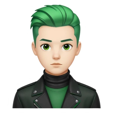 Nam 15 tuổi, da trắng, tóc under cut màu xanh lá cây vuốt ngược ra sau, áo khoác cao cổ da màu đen sticker