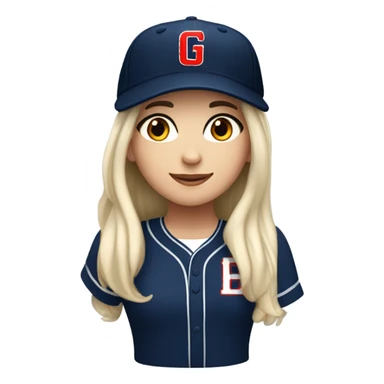 White girl with black long hair who wearing navy ballcap emblazoned with a red G initial and wearing baseball uniform sticker