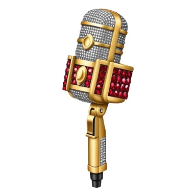 Create a glamorous and eye-catching emoji representing stage vocals, featuring a vintage stage microphone as the central element. Surround the microphone with a vibrant, sparkling stage costume covered in rhinestones, capturing the essence of a classic stage performance. The costume should be flashy, with shiny accents and a dazzling effect to evoke the energy and elegance of a live performance. Add subtle musical notes floating around to emphasize the connection to singing. Use bright, bold colors like gold, silver, and deep reds, along with glittering details to create a luxurious and dynamic atmosphere. The background should be transparent. sticker