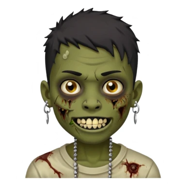 Make a boy zombie dark skin and short black 4c hair, showing a studded grillz teeth with a earing sticker