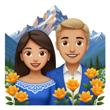 Excited Couple traveling  russian man and elegant  Latina girl delicate flowers and mountains in the background  sticker