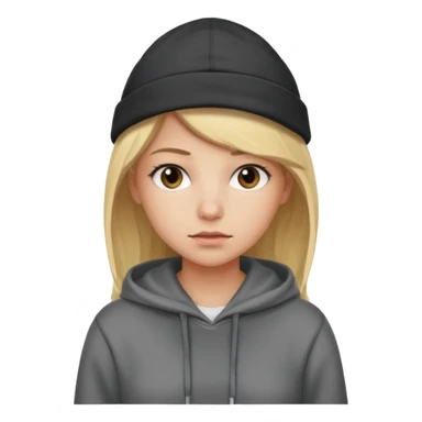 Blonde female tech developer manager going back to work after christmas holidays, looking tired and wearing a hoodie and cap sticker