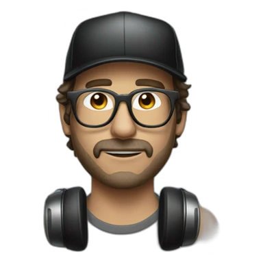 scruffy man in a backwards baseball black hat and rectangle glasses wearing headphones with microphone sticker