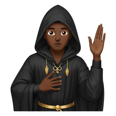 Black man in long black pointed-hood robe, striking a confident rap pose, one arm raised. Costume resembles a controversial historical uniform. Dramatic, provocative contrast in to sticker