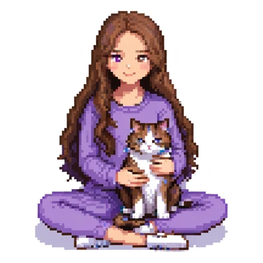 Add a cozy indoor background to the scene with a girl with long, wavy brown hair, brown eyes, purple clothes, sitting with a three-color cat in pixel art style. sticker